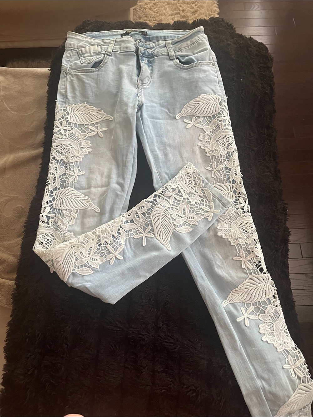 Light Blue Skinny Jeans with White Lace Trim - Women's